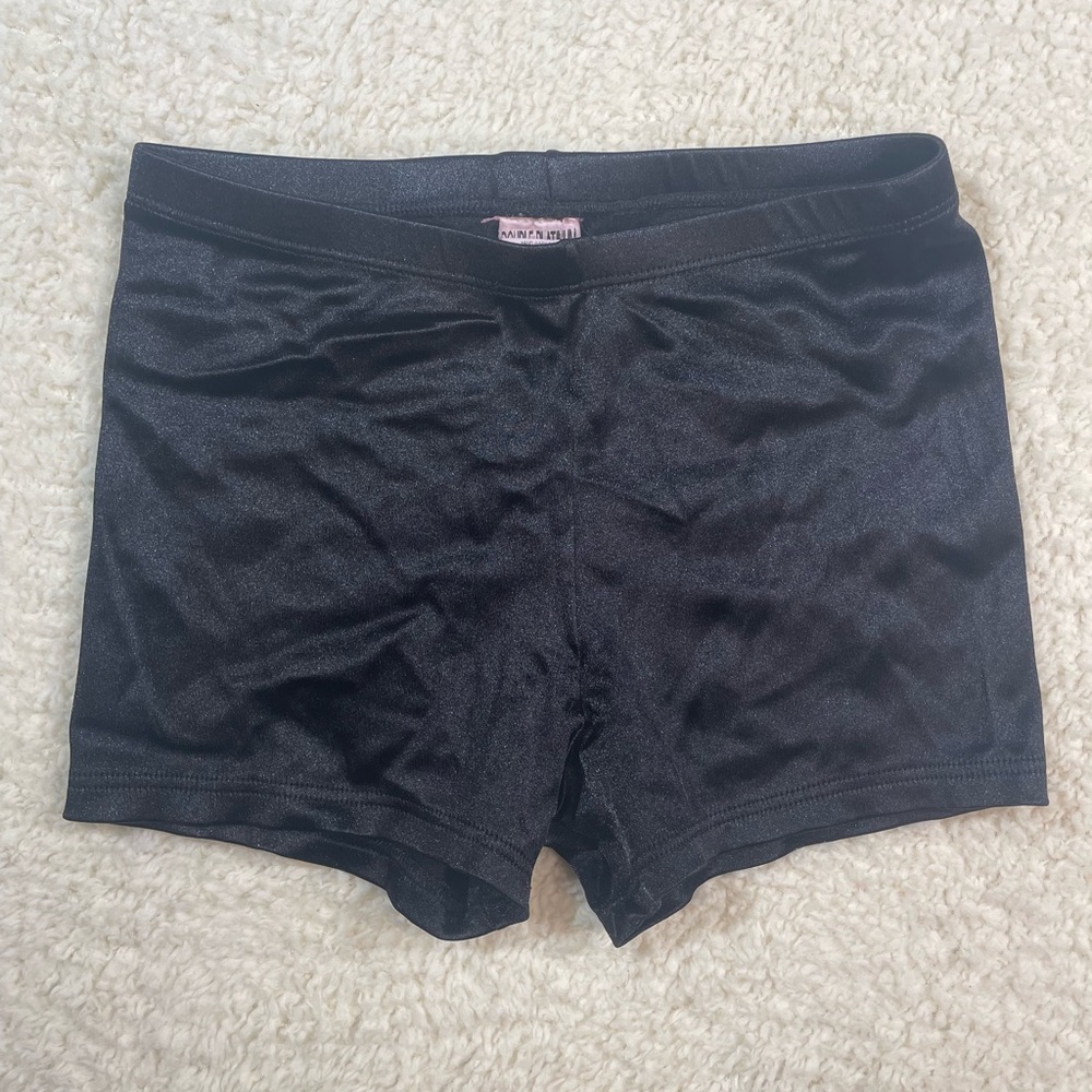 Double Platinum Black Satin Boy Cut Dance Shorts Medium Cheer Performance N7689